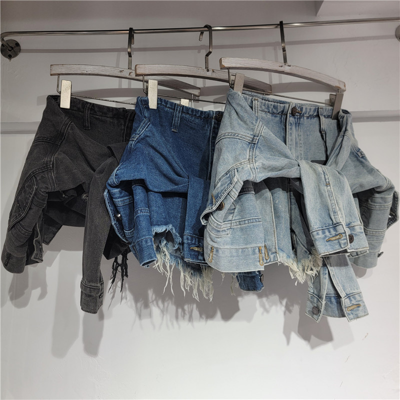 Streetwear Brand Pants - Dżinsowe Szorty Damskie Vintage Prane Rozkloszowane